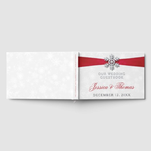 Diamante Snowflake en Red Ribbon Winter Wedding Gastenboek (Volledig)