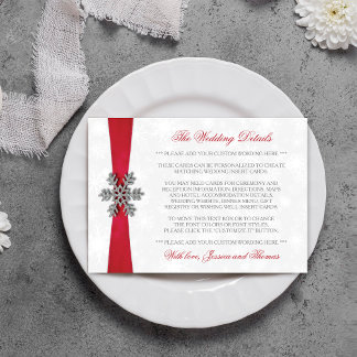 Diamante Snowflake en Red Ribbon Winter Wedding Informatiekaartje