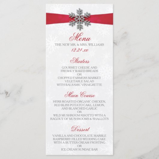 Diamante Snowflake en Red Ribbon Winter Wedding Menu (Voorkant)