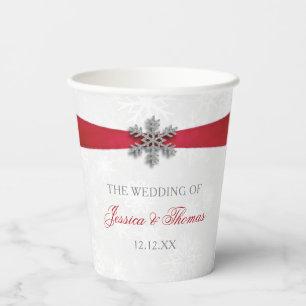 Diamante Snowflake en Red Ribbon Winter Wedding Papieren Bekers