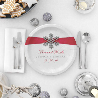Diamante Snowflake en Red Ribbon Winter Wedding Papieren Bordje