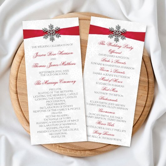 Diamante Snowflake en Red Ribbon Winter Wedding Programma