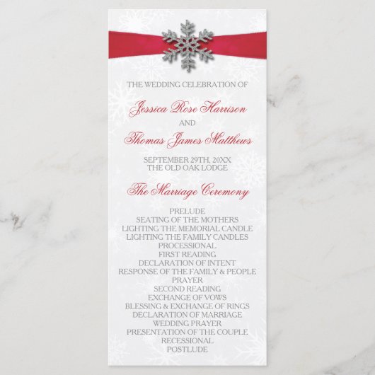 Diamante Snowflake en Red Ribbon Winter Wedding Programma (Voorkant)