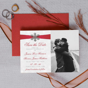 Diamante Snowflake en Red Ribbon Winter Wedding Save The Date