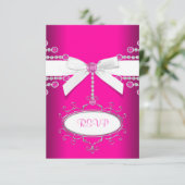 Diamanten Bow Hot Pink Quinceanera RSVP (Staand voorkant)