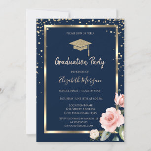 Diamanten Gouden Afstudeerhoed Rozen Marineblauwe Kaart