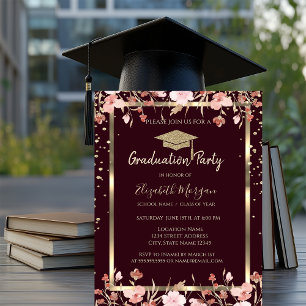 Diamanten Gouden Grad Cap Bloemen Burgundy Afstude Kaart