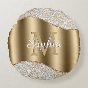 Diamanten, Groot Gouden Monogram, Witte Script Naa Rond Kussen