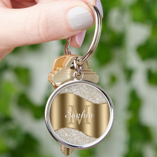Diamanten, Groot Gouden Monogram, Witte Script Naa Sleutelhanger