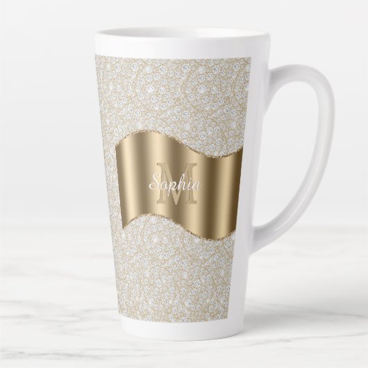 Diamanten, Groot Gouden Monogram Witte Script Naam Latte Mok (Rechts)