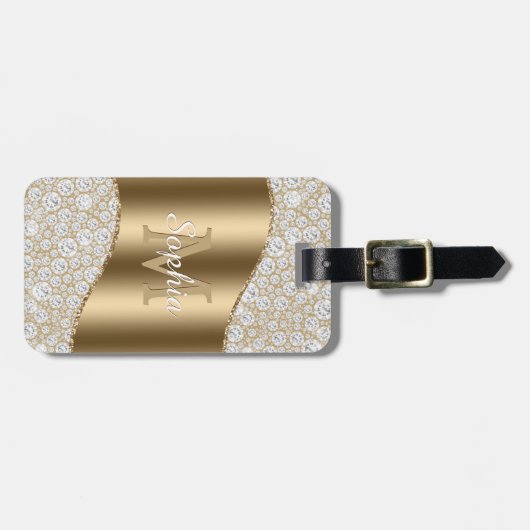 diamanten, groot goudmonogram, witte scriptnaam bagagelabel (Voorkant horizontaal)