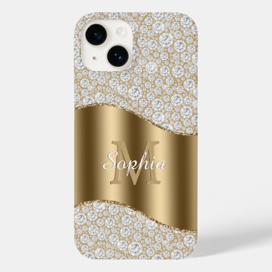 diamanten, groot goudmonogram, witte scriptnaam Case-Mate iPhone case (Achterkant)