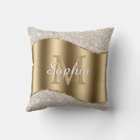diamanten, groot goudmonogram, witte scriptnaam kussen (Achterkant)