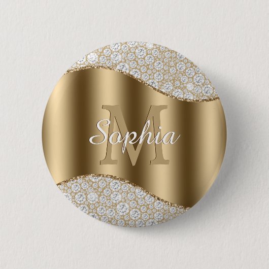 diamanten, groot goudmonogram, witte scriptnaam ronde button 5,7 cm (Voorkant)
