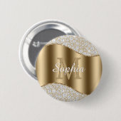 diamanten, groot goudmonogram, witte scriptnaam ronde button 5,7 cm (Voorkant /achterkant)