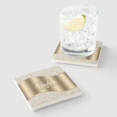 diamanten, groot goudmonogram, witte scriptnaam stenen onderzetter (Zijkant)