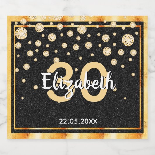 diamanten op 30e verjaardag glitter zwart goud sparkling wijnetiket (Enkel label)