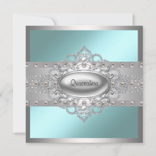 Diamanten Parels Turquoise Quinceanera Uitnodiging