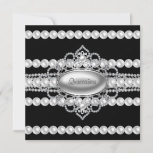 Diamanten Parels Zwarte Quinceanera Uitnodigingen