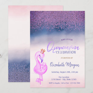 Diamanten,Roze Flamingo Kroon Ombre Quinceañera Kaart