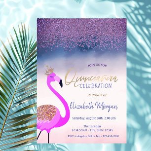Diamanten, Roze Flamingo Ombre Quinceañera Kaart