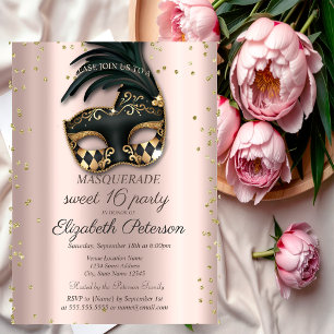 Diamanten Roze Goud Zwart Maskerade Sweet 16 Uitnodiging Briefkaart