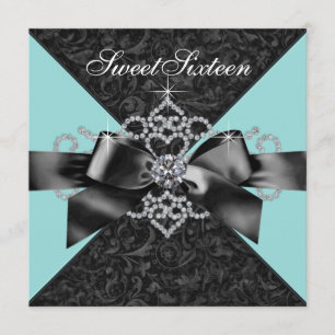 Diamanten Turquoise Zwart Sweet 16 Verjaardagsfees Kaart