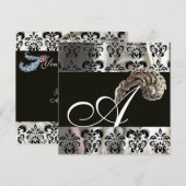 DIAMANTEN VEDEREN ZILVER ZWARTE ZIJDE DAMAST MONOG KAART (Voorkant / Achterkant)