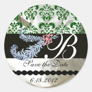 DIAMANTEN VEREN WIT GROENE ZIJDE DAMAST MONOGRAM RONDE STICKER
