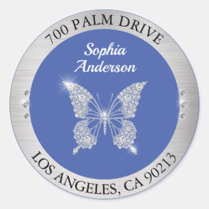 Diamanten vlinder, zilver retouradres, medium blau ronde sticker