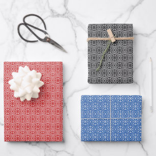 Diamantpatroon, rood, zwart/wit en kobaltblauw inpakpapier vel