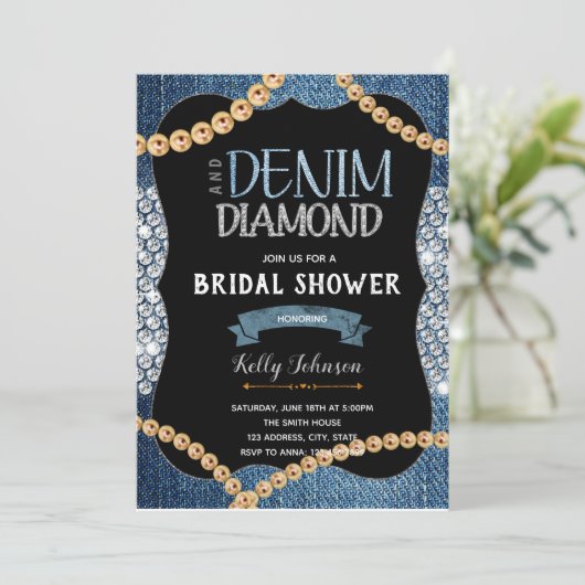 Diamants de Denim et perles d'or Invitation (Debout devant)