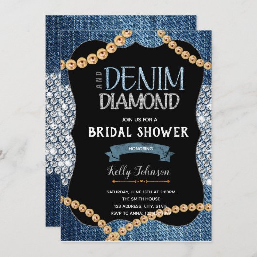 Diamants de Denim et perles d'or Invitation (Devant / Derrière)