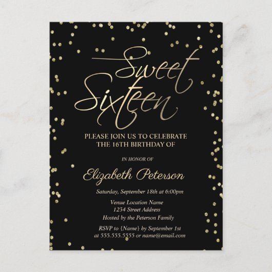 Diamants Or Simple Black Sweet 16 Invitation (Devant)
