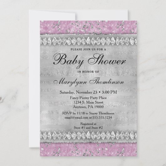 Diamants roses Baby shower Invitation fille Bling (Devant)