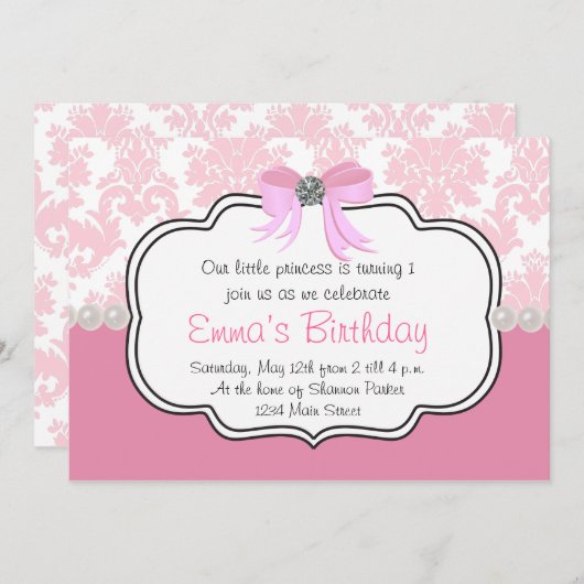 Diamants roses et perles Damas Invitation (Devant / Derrière)