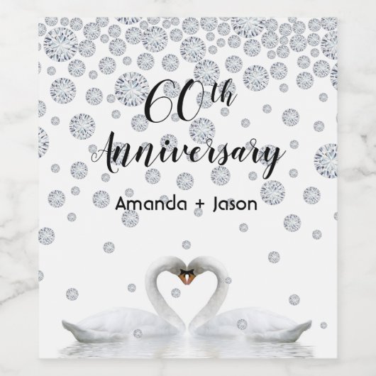 Diamond 60ste trouwdag, witte zwanen wijn etiket (Enkel label)