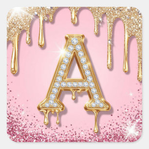 Diamond A Roze Glitter Gouden Frame Monogram Vierkante Sticker