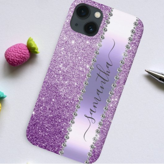 Diamond Bling Glitter Calligraphy Naam Paars Case-Mate iPhone Case