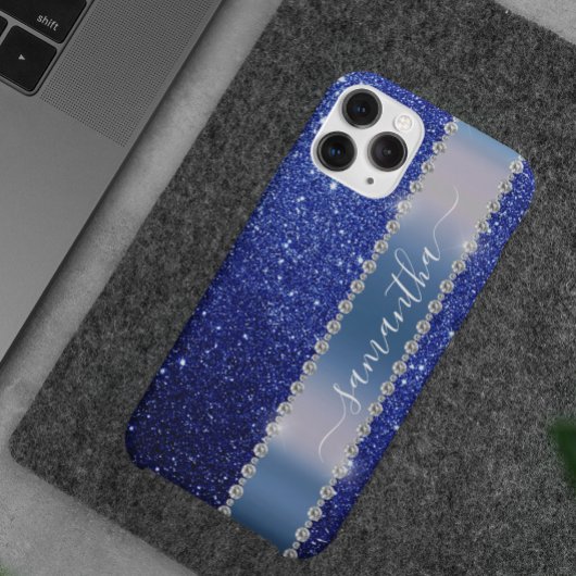 Diamond Bling Glitter Calligraphy Name Navy Blue Case-Mate iPhone Case
