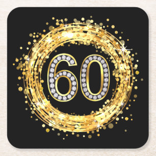 Diamond Bling Number 60 Glitter Confetti goud Vierkante Kartonnen Onderzetter