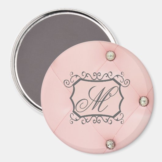 Diamond Bling Pink Tufted Monogram Initiaal Magnet Magneet (Voorkant / Achterkant)