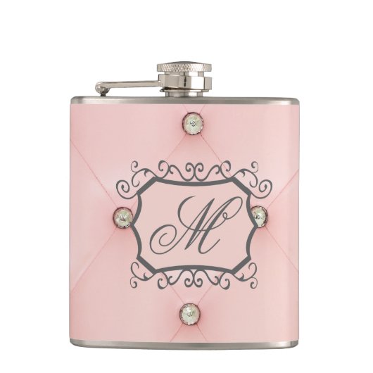 Diamond Bling Roze Getuft Monogram Whiskey Flask Heupfles (Voorkant)