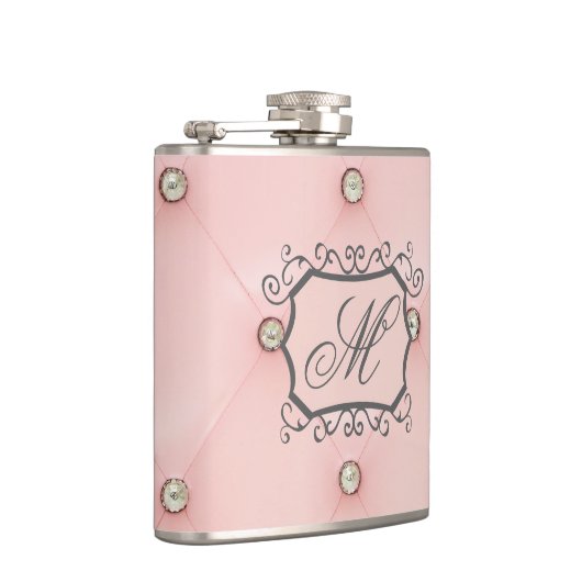 Diamond Bling Roze Getuft Monogram Whiskey Flask Heupfles (Rechts)