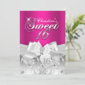  Diamond Bow Hot Pink Sweet 16 Invite Kaart (Staand voorkant)