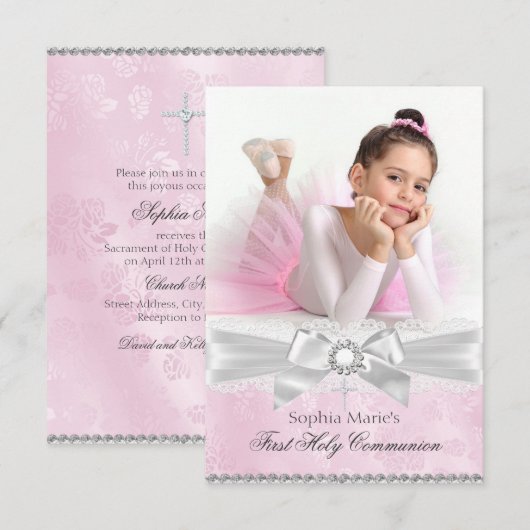 Diamond Bow Pink Foto eerste Heilige Communie Kaart (Voorkant / Achterkant)