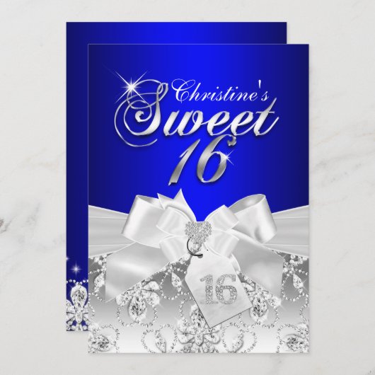 Diamond Bow Royal Blue Sweet 16 Invite Kaart (Voorkant / Achterkant)