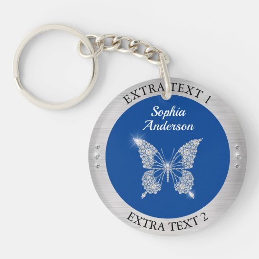 Diamond Butterfly Silver Metal Name/Info Deep Blue Sleutelhanger (Voorkant)
