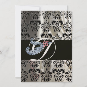 DIAMOND FEATHER GOLD BLACK SILK DAMASK MONOGRAM KAART