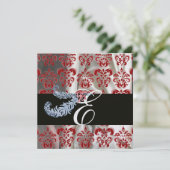 DIAMOND FEATHER RED WHITE ICE SILK DAMASK MONOGRAM KAART (Staand voorkant)